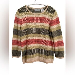 Vintage Textured Striped Sweater - Red, Green, Cream - with Rhinestones!